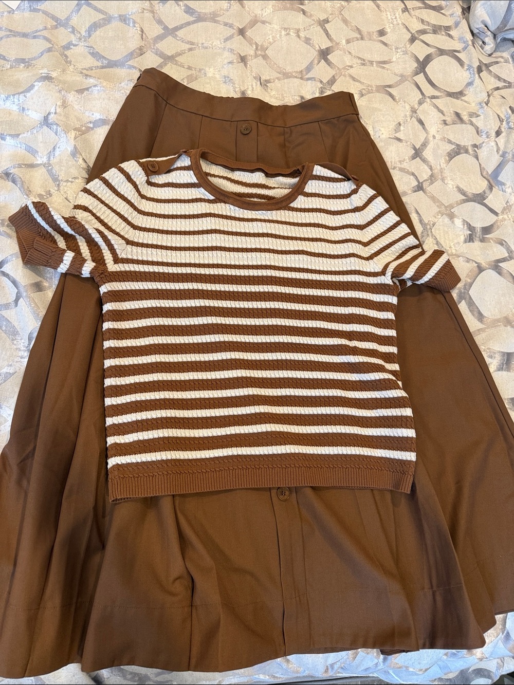 Women Brown & White Striped Short-Sleeve Knit Top and brown skirt set